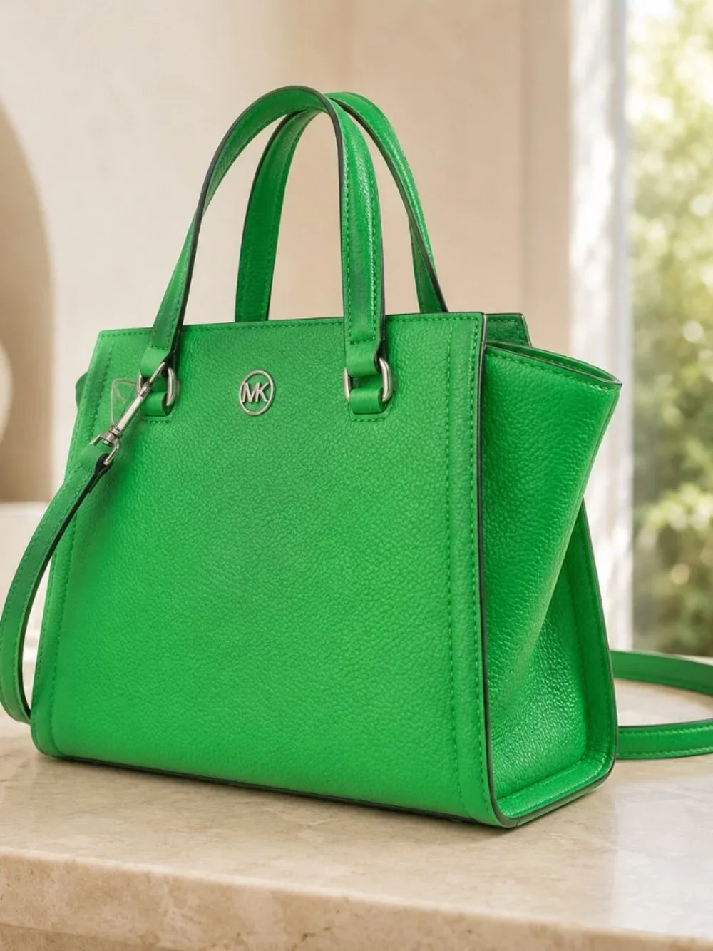 Michael Kors Freya Green Pebbled Leather Satchel Tote Crossbody Bag NWT